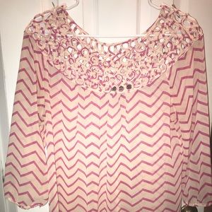Umgee pink & offwhite chevron stripe sheer top